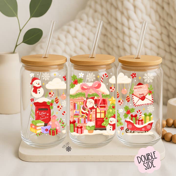 Book Lover Merch Shop – wholesale Beer glass/mug – Christmas Bookstore 16 OZ Glass Can UV DTF WRAP / Bookish5