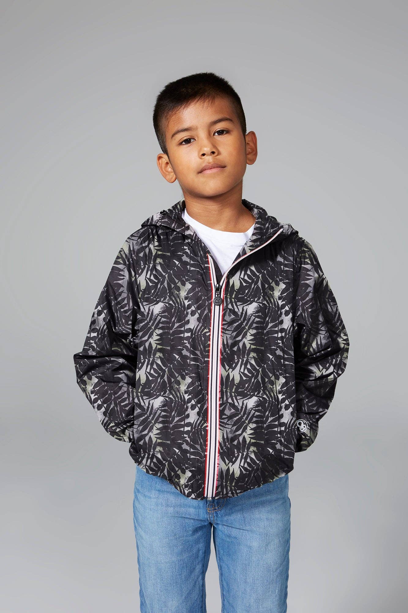Kids palm print full zip packable rain jacket and windbreaker for wholesale on Faire