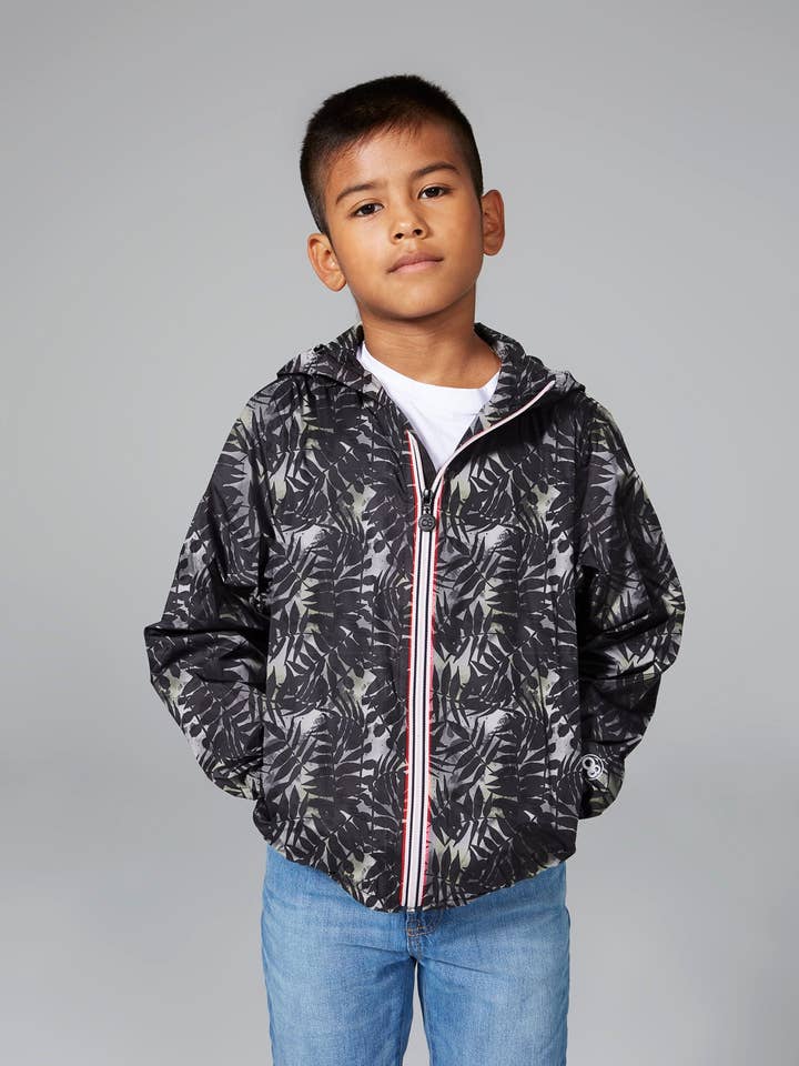 Kids palm print full zip packable rain jacket and windbreaker for wholesale by O8 Lifestyle