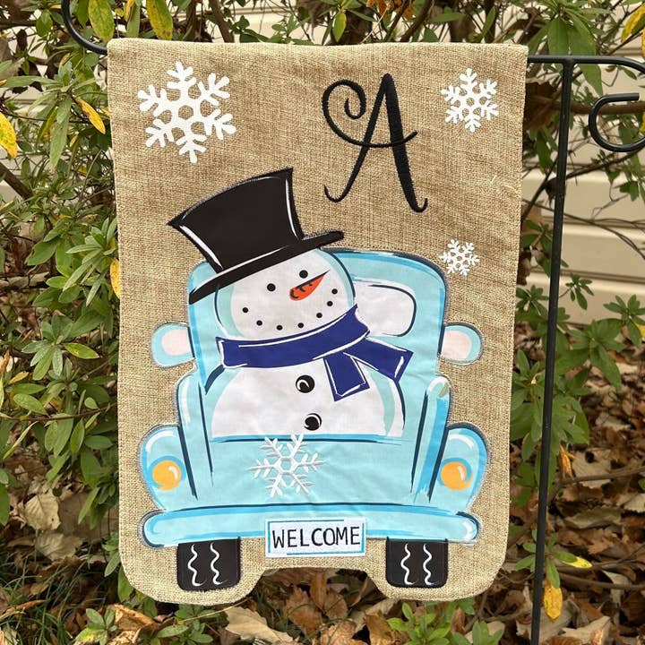 Christmas Winter Snowman Truck Monogram Burlap 2-Sided Garden Flag 12.5x18" for wholesale by JEC Home Goods Inc