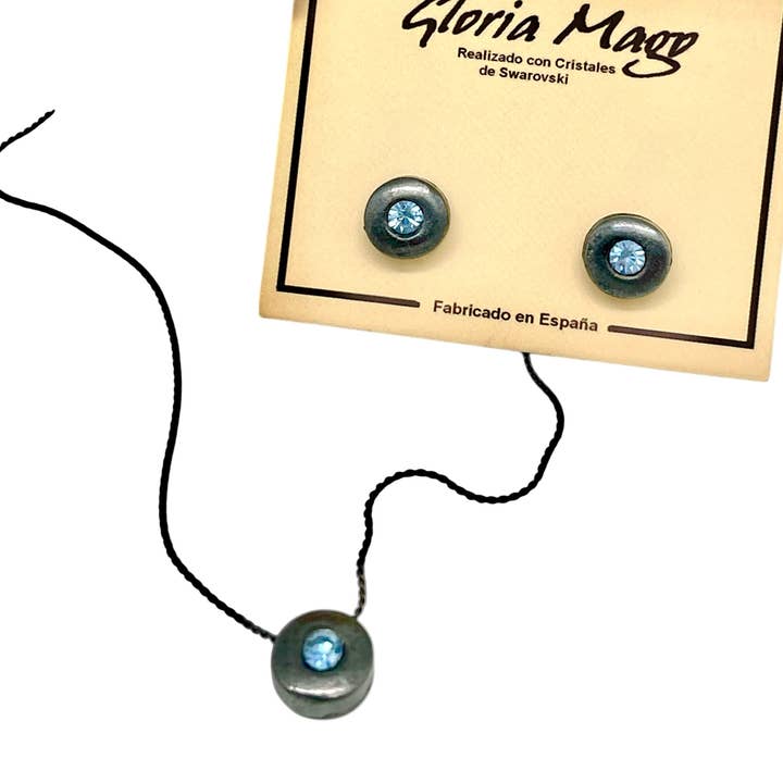 Round silver necklace and earring set 10µ gun and Sw crystal for wholesale by Gloria Mago