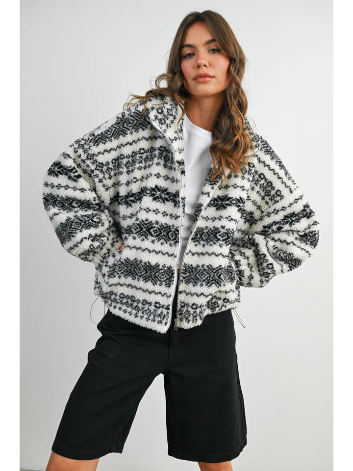 BUTTERMELON - Wholesale Jacket - Women's - Fuzzy Fleece Zip-Front Patterned Jacket - BMJ780730