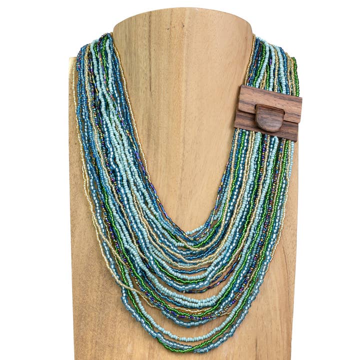 Pink House Imports - Wholesale Beaded/Pearl Necklace - Bali Glass Bead Drizzle Wood Buckle Statement Necklace