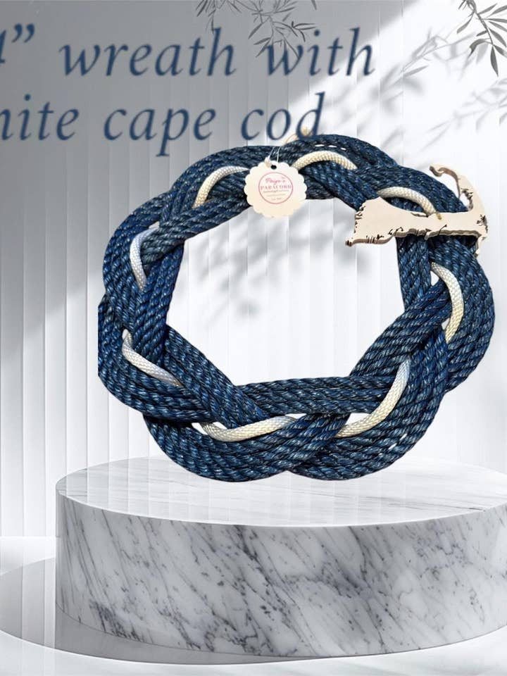 14 inch navy wreath with white and white cape cod for wholesale by Paige's Paracord and More