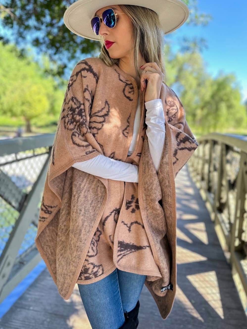 Camel Elegant Floral Print Cape Shawl Ruana Cardigan for wholesale on Faire1