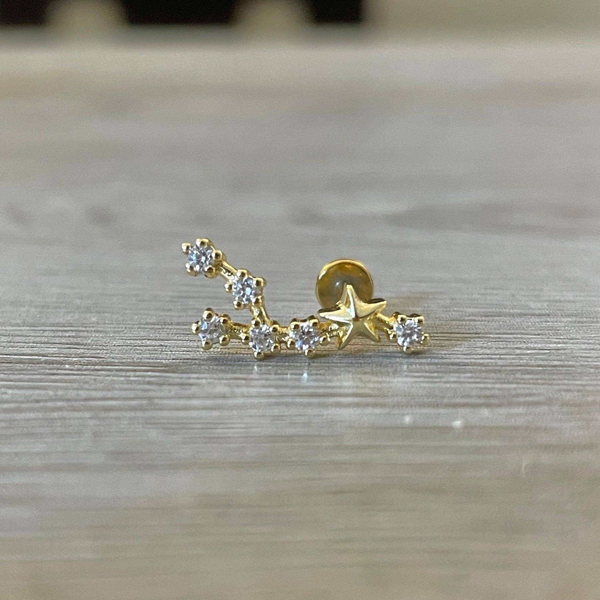 Elara Body Jewelry - Wholesale Stud/Post Earrings - Zodiac Constellation Flat Back Stud (16G or 18G | 8mm Bar | 14k Gold Plated)0