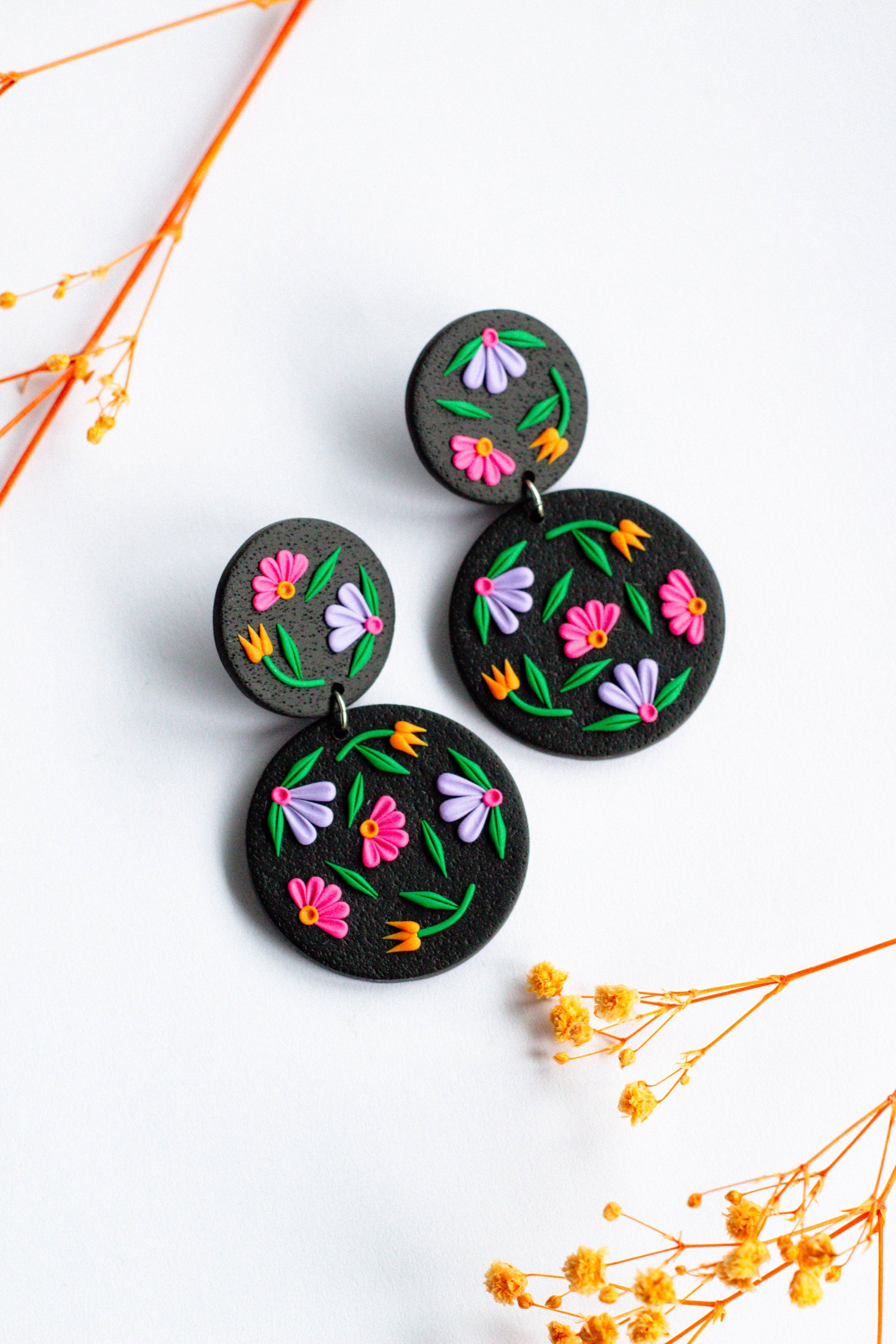 Slow Day Studios - Wholesale Dangle Earrings - Black Floral Polymer Clay Circle Dangle Earrings1