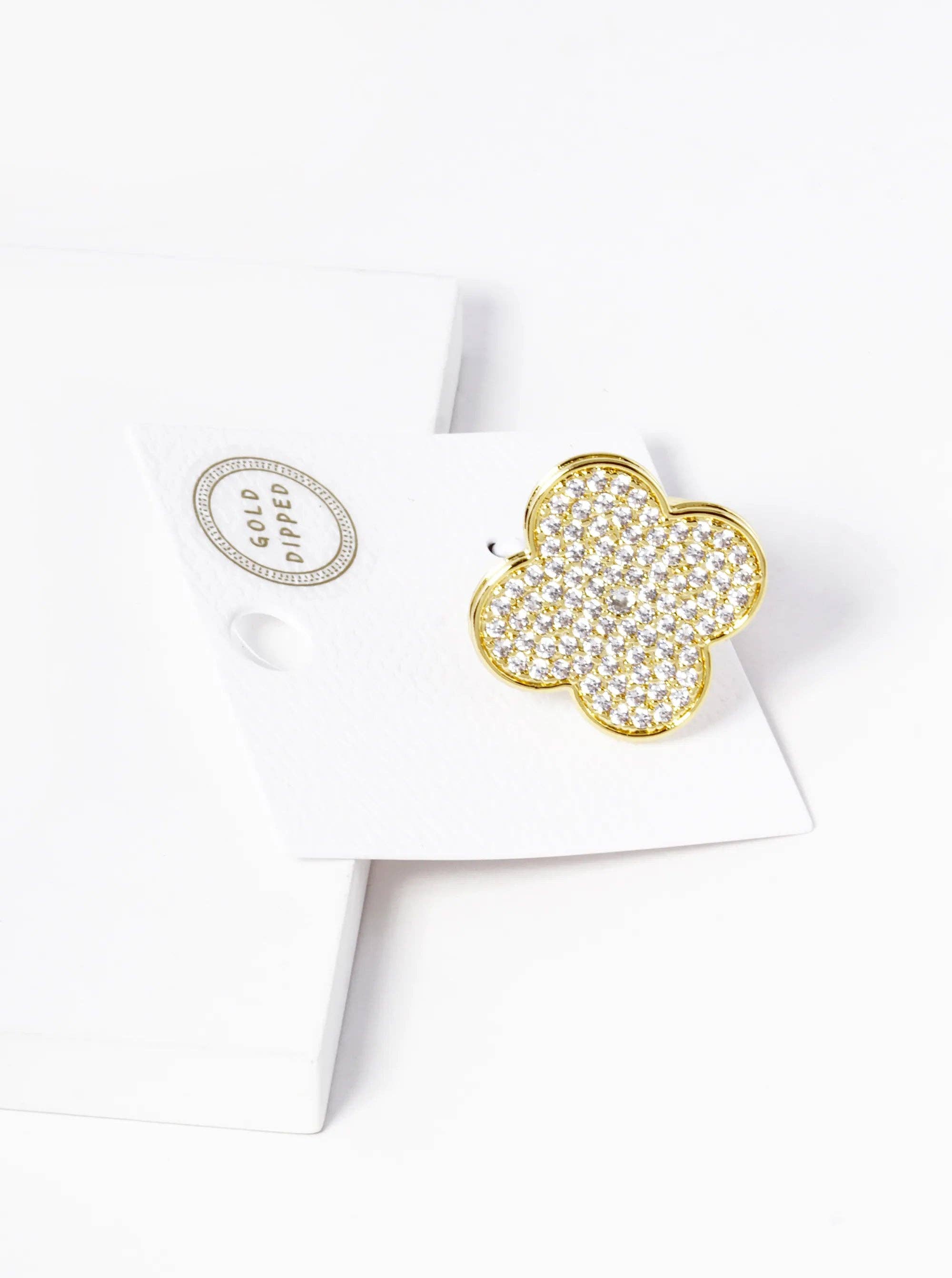 Wild Honey - Wholesale Multi-Stone Ring - 18K Gold Dipped Cz Pave 25Mm Quatrefoil Adjustable Ring1