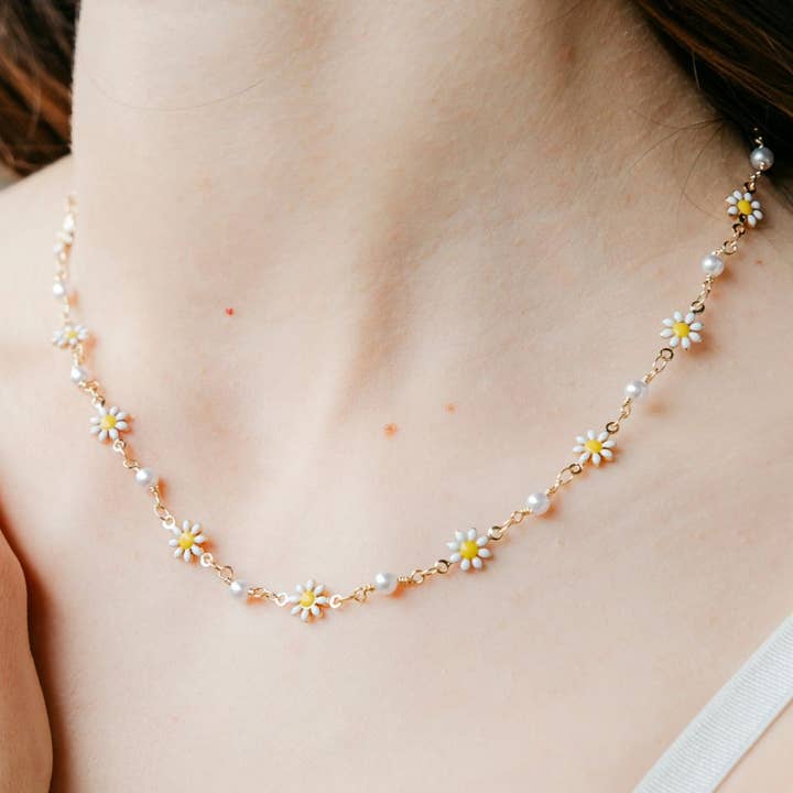 Colourful White Indie Boho Daisy Sun Flower Pearl Choker Floral Summer Necklace for wholesale by The Colourful Aura