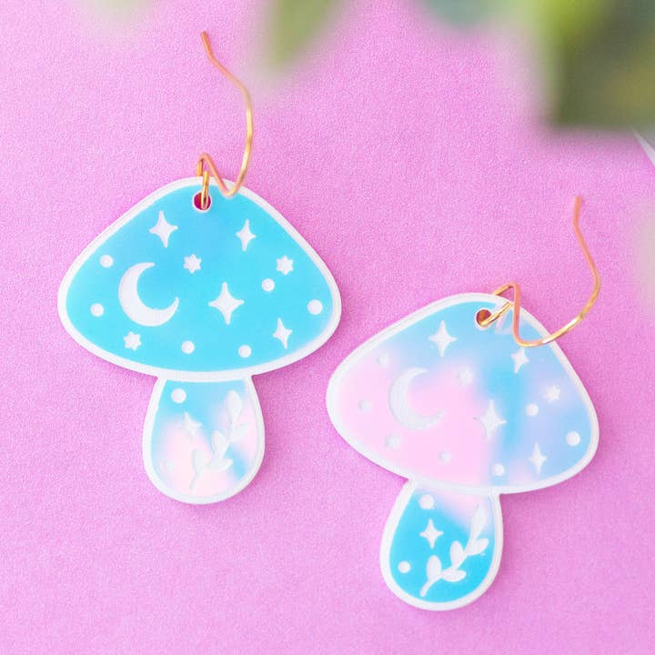 Mushroom Celestial Earrings Holographic Witchy Dangles for wholesale by Momenti di Vita