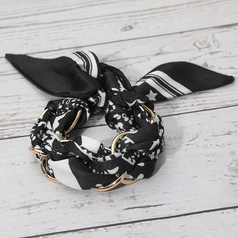 Sensibling Corp. - Wholesale Scarf - Women's - Metal Interlocking Ring Fabric Bandana Scarf Adjustable Bracelet12