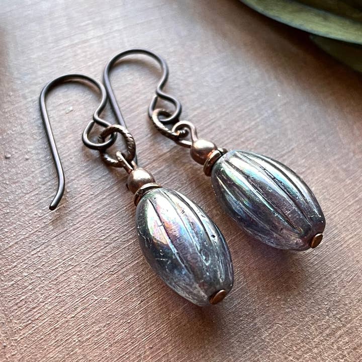 Amethyst Glass Earrings Oval Dangle & Copper Earthy Jewelry for wholesale by Vintage Earth