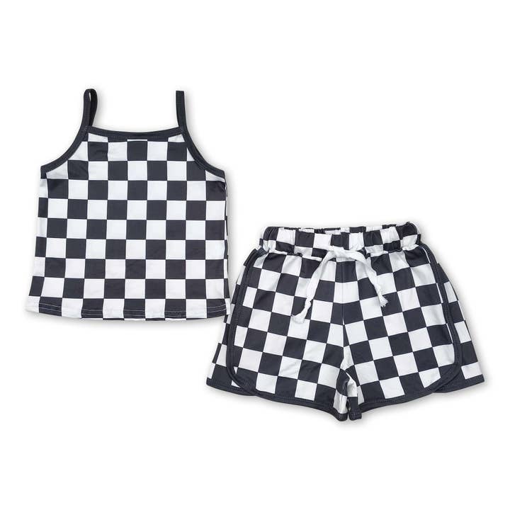 Straps black plaid top shorts kids girls outfits for wholesale by Yawoo Garments