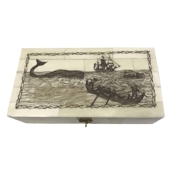 Whaling Long Boats Scrimshaw Etched Bone Box, 6-1/4" for wholesale by Madison Bay Co. - Historical Home Decor Reproductions