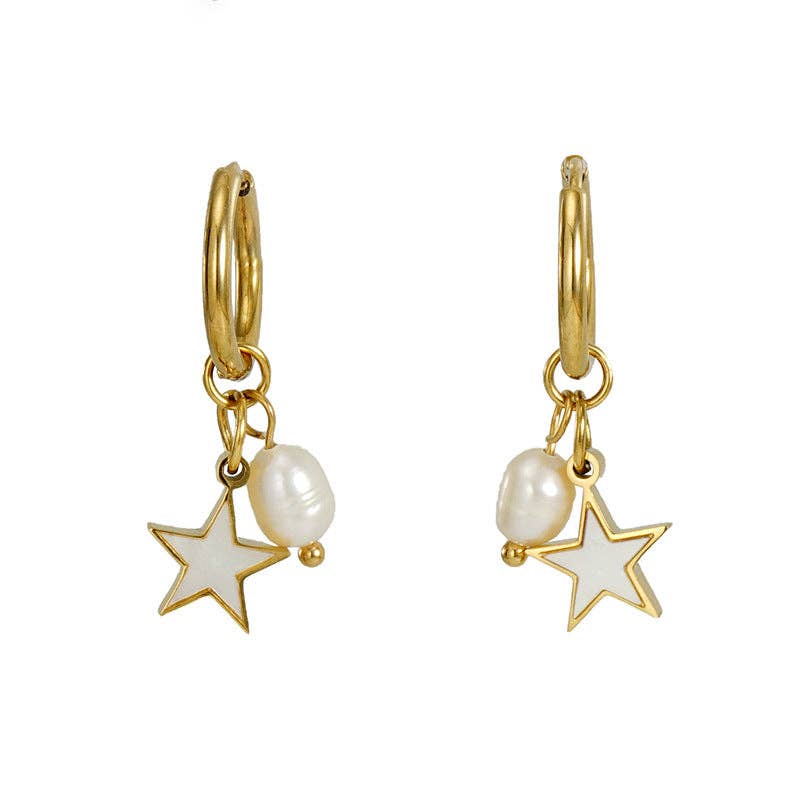 Mio Queena - Wholesale Huggie Earrings - Pearl Shell 18K Gold-plated Stainless Steel Earrings - FGS4