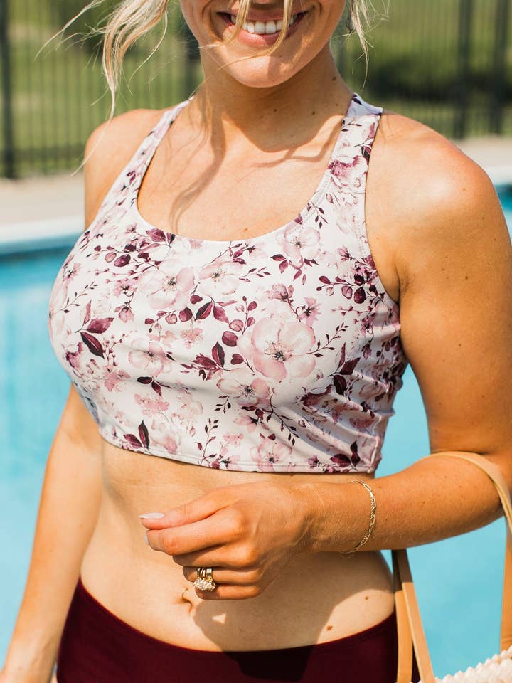 Along The Boardwalk Swim Top- Burgundy Floral for wholesale by Mack and Mal