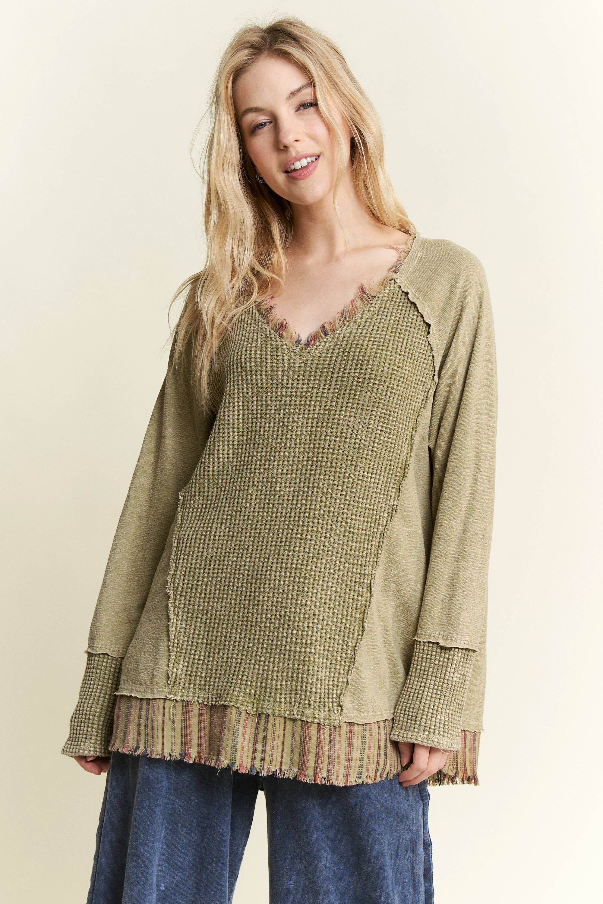 J.Her - Wholesale Knit Top - Women's - MineralWash Frayed stripe Waffle Melangie knittop  HT59117