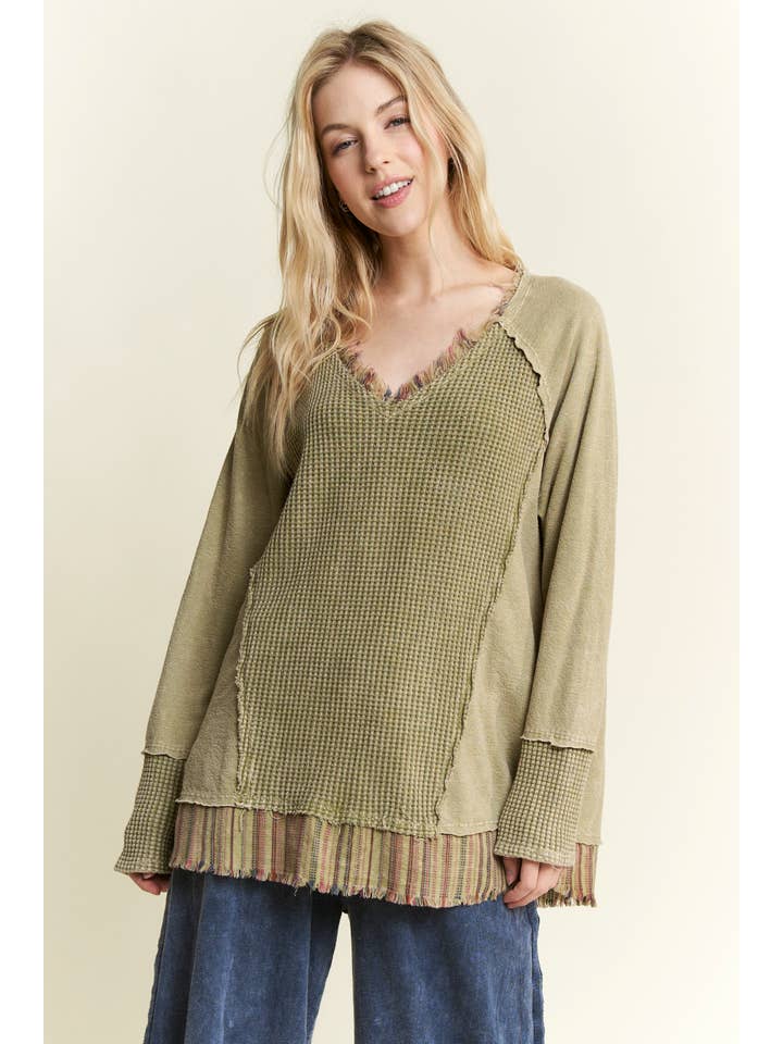 J.Her - Wholesale Knit Top - Women's - MineralWash Frayed stripe Waffle Melangie knittop HT59117