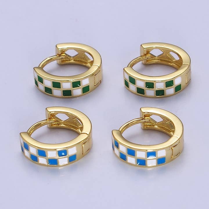 Aim Eternal - Wholesale Huggie Earrings - 24K Gold Filled Enamel Checker Hoops Earring Retro Gold Hugg2