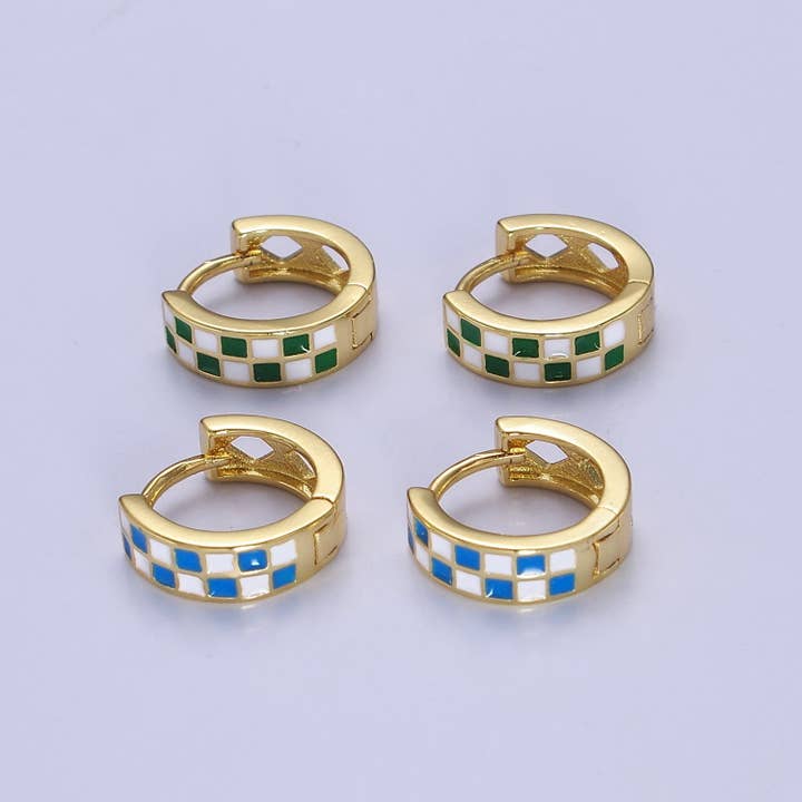 Aim Eternal - Wholesale Huggie Earrings - 24K Gold Filled Enamel Checker Hoops Earring Retro Gold Hugg