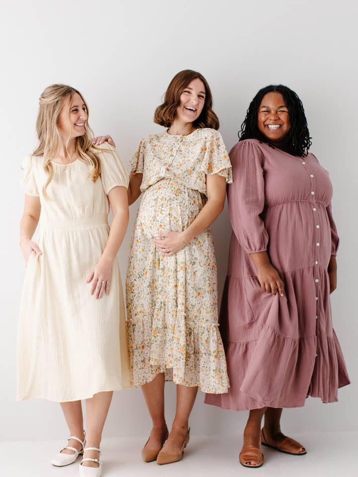 Dusty Mauve 'Louisa' Button Down Tiered Cotton Gauze Midi Dress for wholesale on Faire11