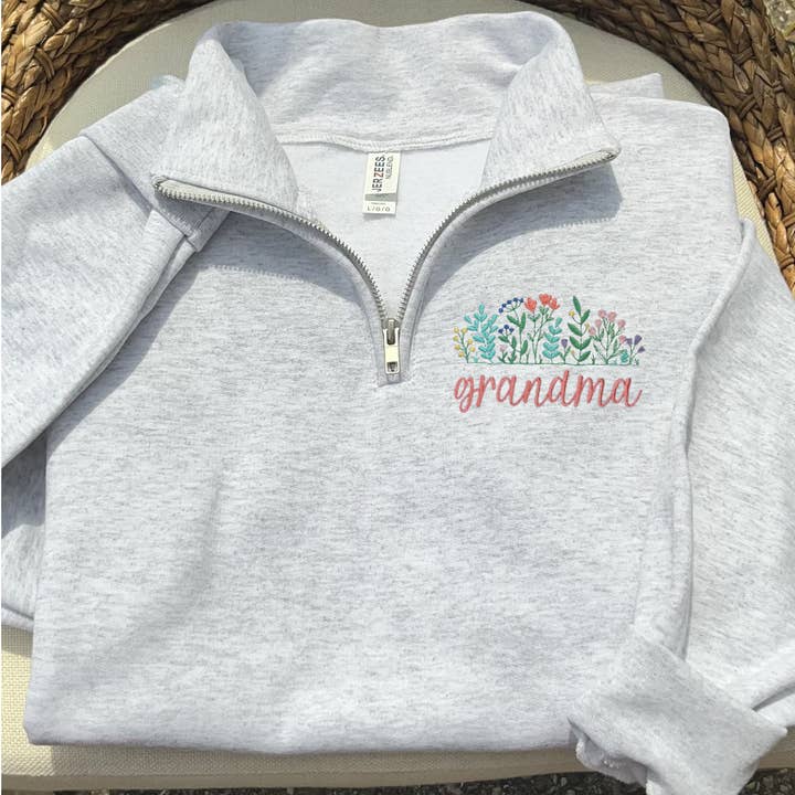 Custom Floral Name Embroidered Quarter Zip Pullover for wholesale by Patty B’zz