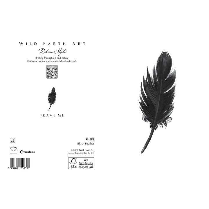 Black Feather - Watercolour Painting Greeting Card for wholesale by Wild Earth Art