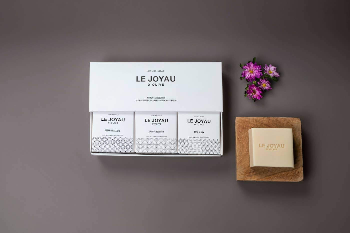 Le Joyau d'Olive - Vendita all'ingrosso Saponette - Set Regalo Bianco II — Gelsomino, Fiore d'Arancio, Rosa2