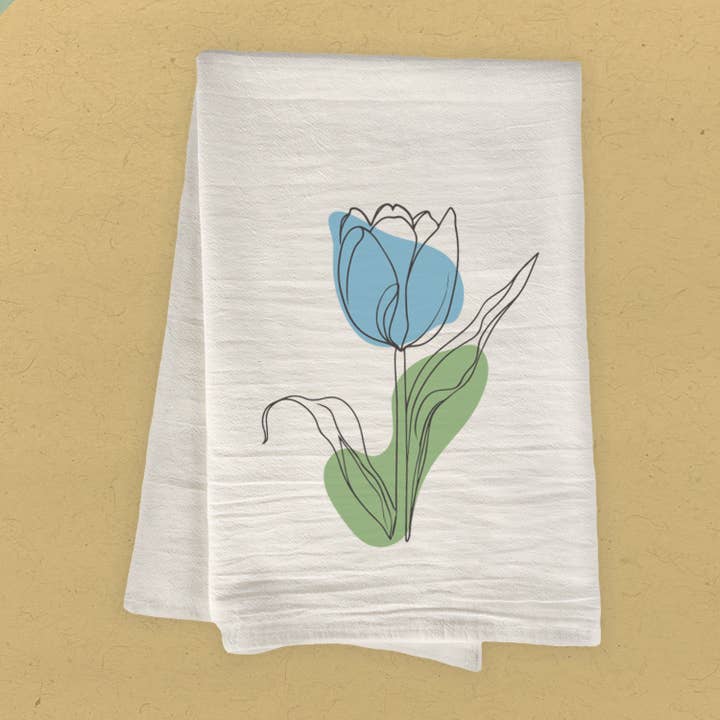 Torchon en coton personnalisable - Tulipe bleue dessinée à la main pour la vente par Boheme Bliss