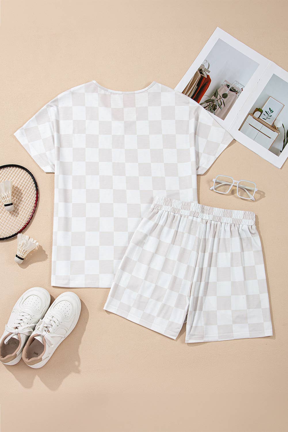 LA Society - Wholesale Lounge Set - Women's - Checkered V Neck Tee and Drawstring Shorts Lounge Set5