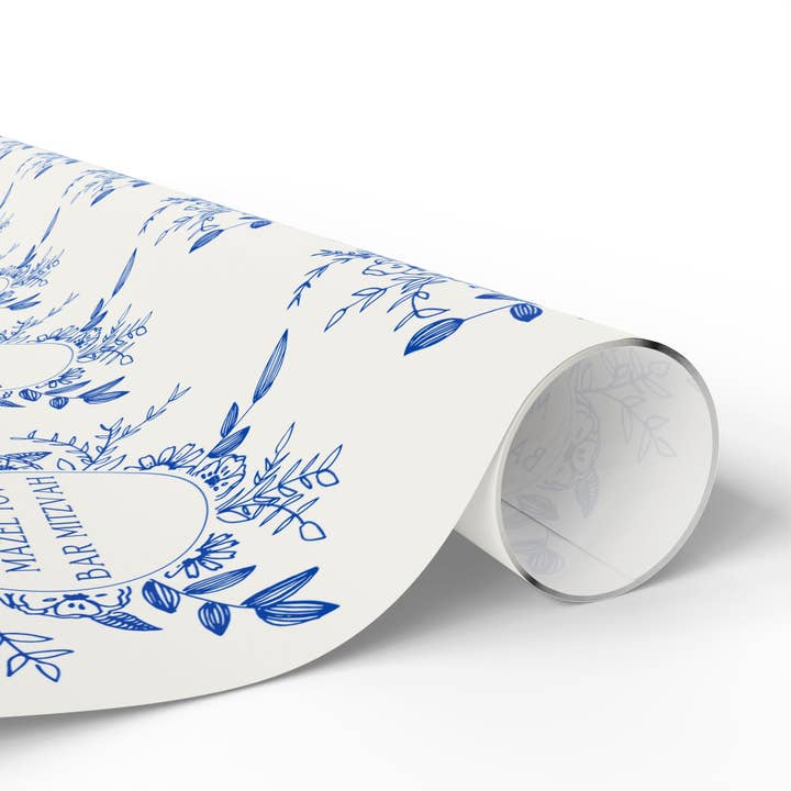 Lokipawz - Wholesale Flat Wrap - Mazel Tov Bar Mitzvah Blue Floral Gift Wrap