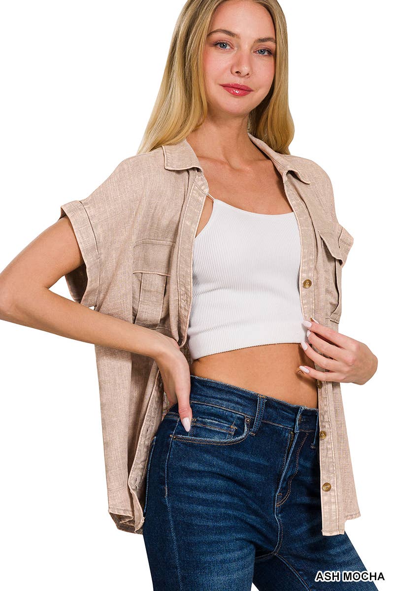 TIEFES KAMEL-167007 Geknöpfte Hemden mit Fledermausärmeln und gewaschenem Look für den Großhandel auf Faire3