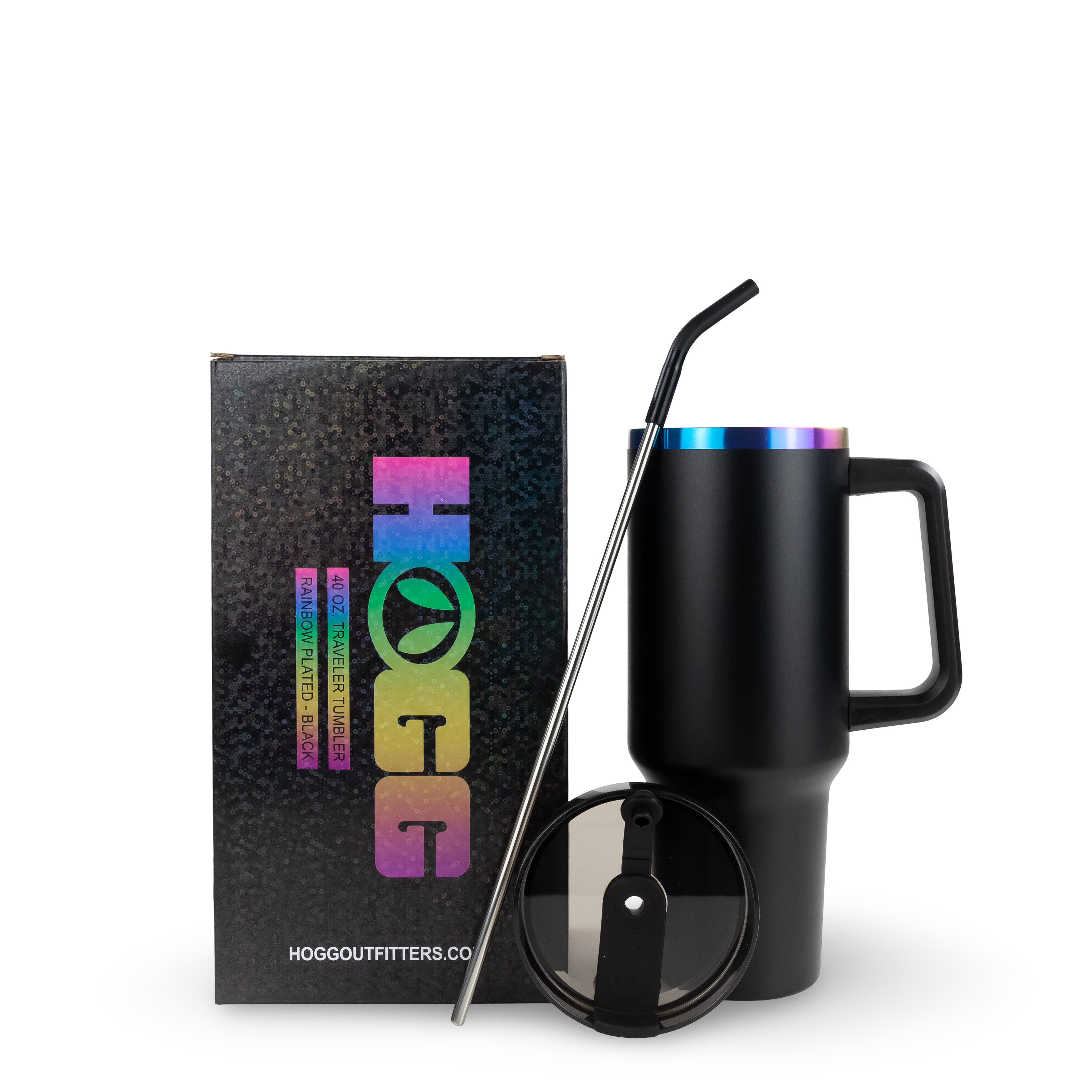 Rainbow Plated BLACK 40oz POWDER COATED TRAVELER TUMBLER for wholesale on Faire4