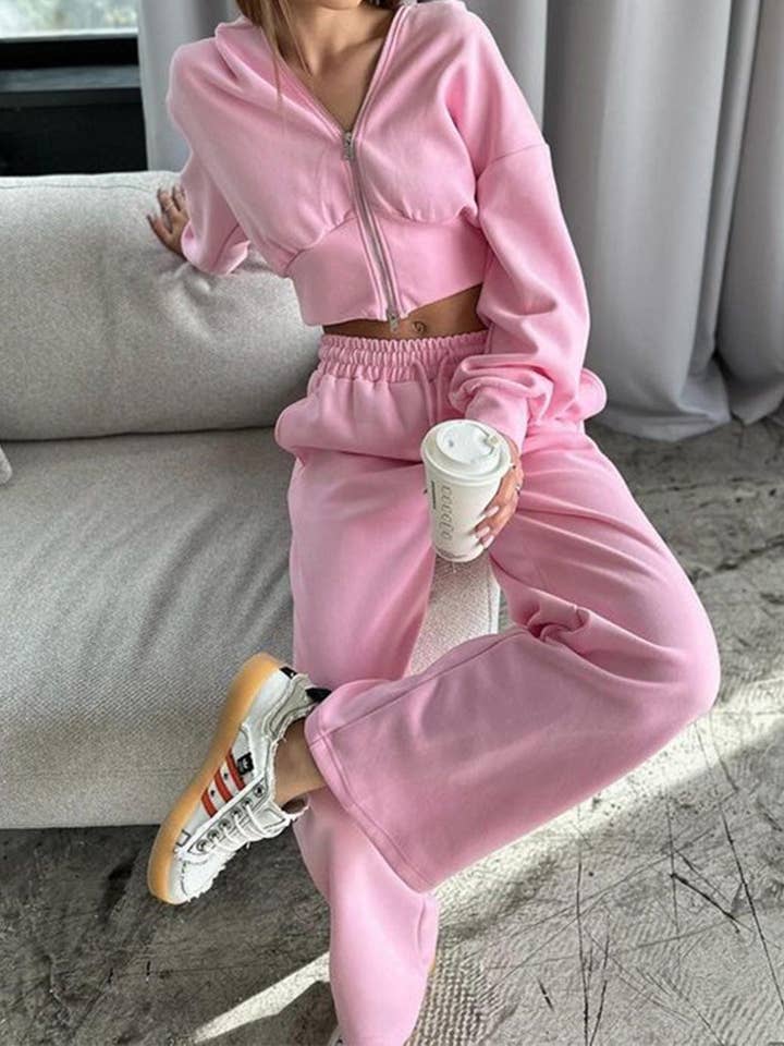 Jiawaknitart - Wholesale Lounge Set - Women's - Cropped Zip-Up Hoodie and Joggers Set14