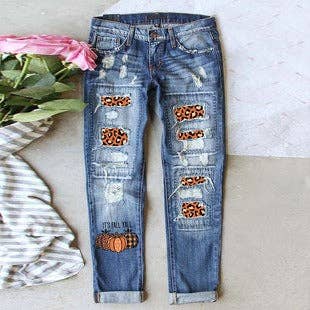 Blue Halloween Pumpkin Print Distressed Straight Leg Jeans for wholesale on Faire3