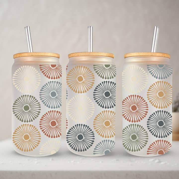 SKS Design Studio - Wholesale Drinking Glass/Cup - Starburst | 20 oz Glass Tumbler with Bamboo Lid & Straw