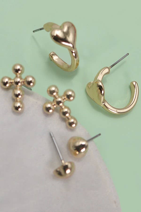Gold HEART CROSS HUGGIE HOOP TRIO EARRINGS | 80E3421 for wholesale on Faire