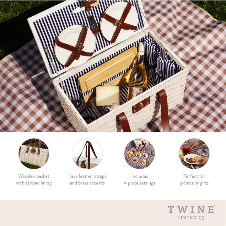 Twine - Wholesale Picnic Basket - Tahoe Picnic Basket Set for Four in Cream4