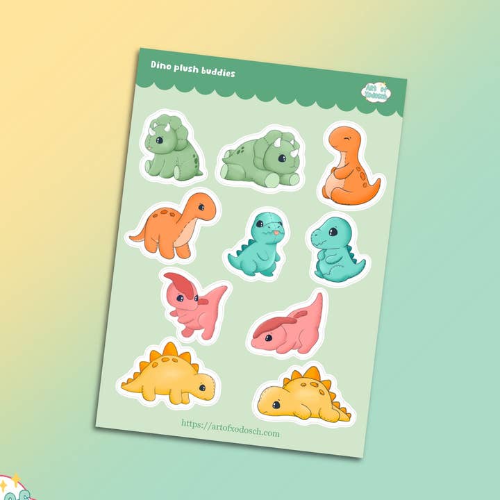 foglio di adesivi con peluche di dinosauri per la vendita all'ingrosso da parte di Art of Xodosch