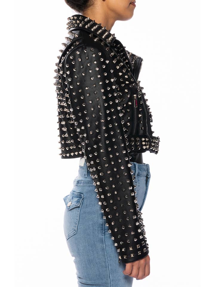 Azalea Wang - Wholesale Leather Jacket - Women's - VEPPLIN-BLACK STUDDED MOTO JACKET WITH ZIPPERS & BELT