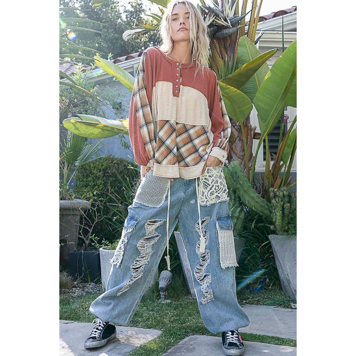 Pol Clothing - Wholesale Knit Top - Women's - Round neck long sleeve plaid knit top SALE