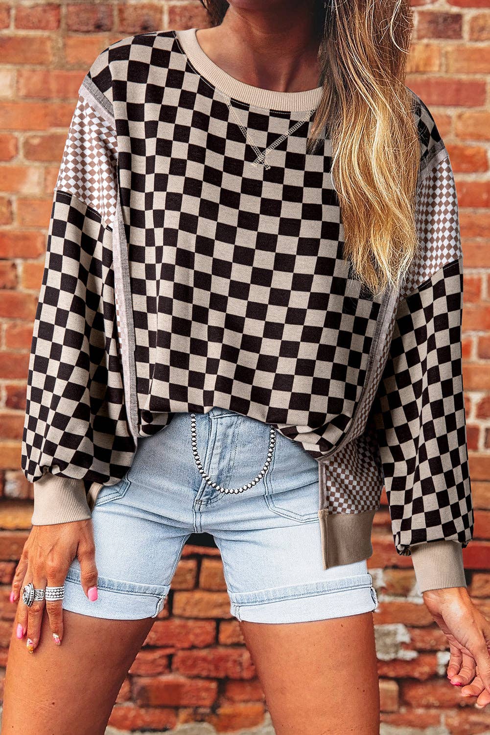 Khaki Checker Patchwork Long Sleeve Top for wholesale on Faire