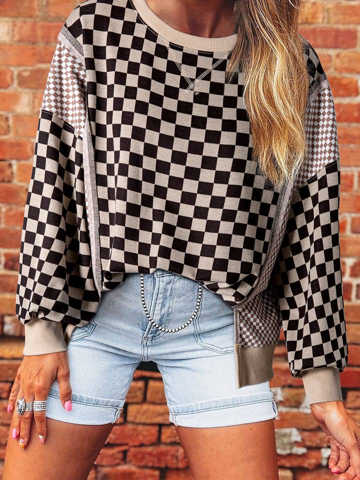 Checker Patchwork Long Sleeve Top for wholesale by PRETTY BASH