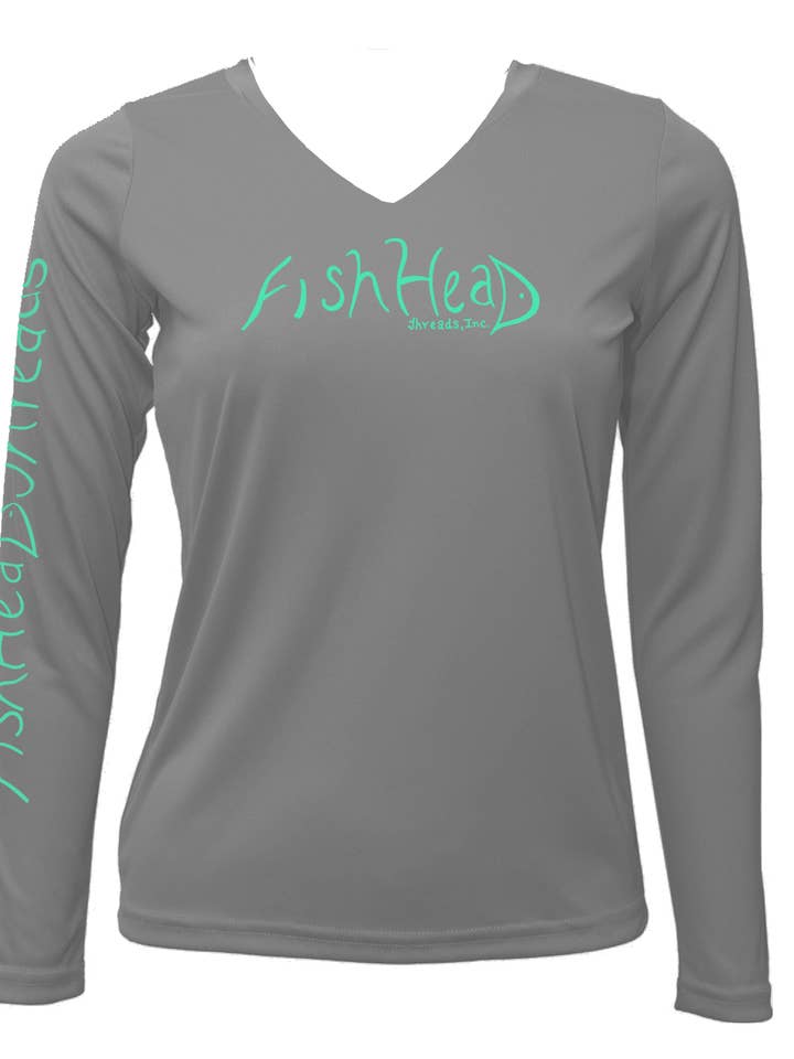 Ladies UPF Long-Sleeve Dry Fit T-shirt (Grey with Snook ) for wholesale by FishHead Threads, Inc.