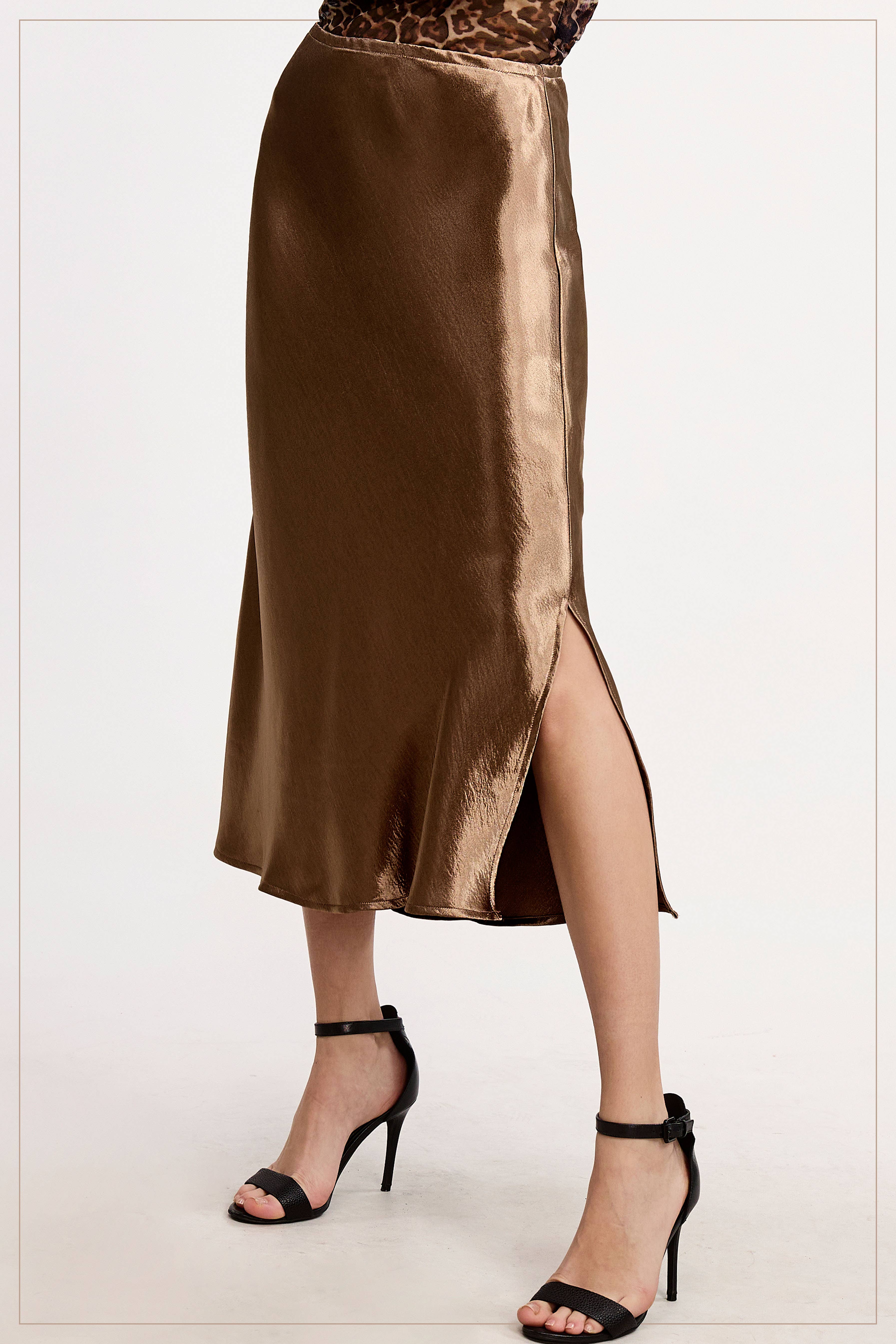 La Miel - Wholesale Skirt - Women's - JBP4222-High-Waisted Midi Length Satin Effect Solid Skirt11