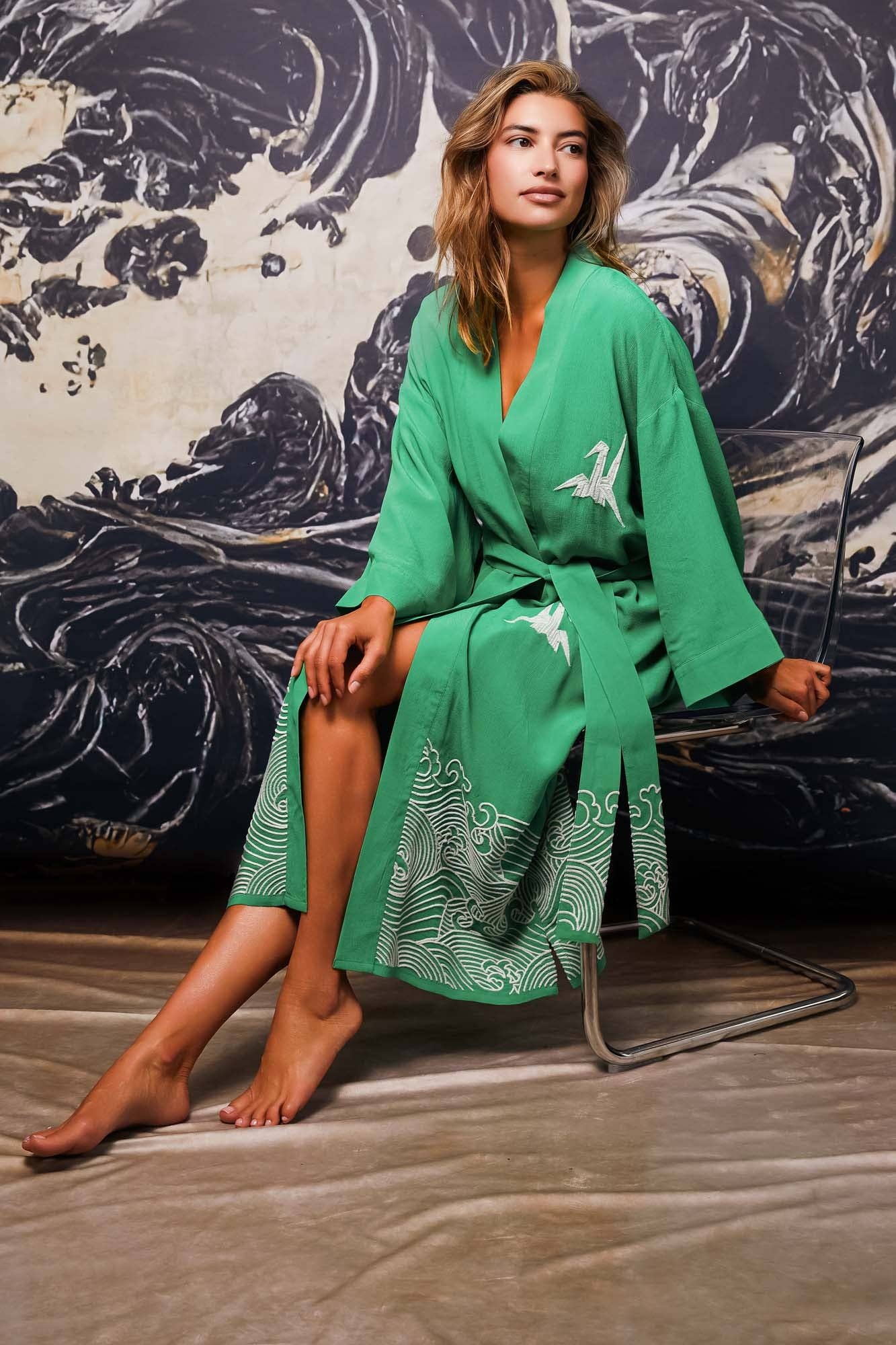 Artemis Muse – wholesale Kimono – Women's – Origami and Hokusai Wave Embroidered Fully Lined Island Green Long Kimono6
