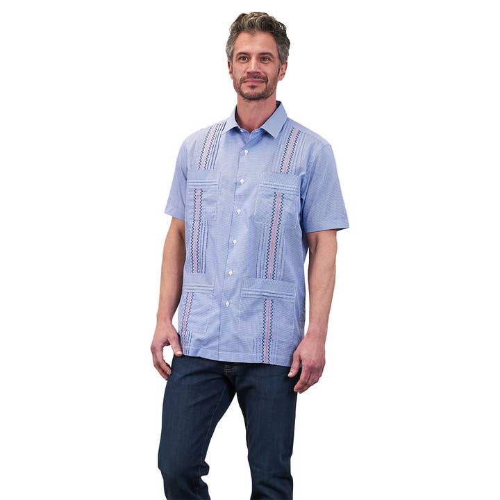 Carmel Classic Guayabera - Coral/Navy for wholesale by Paris Texas Apparel Co.