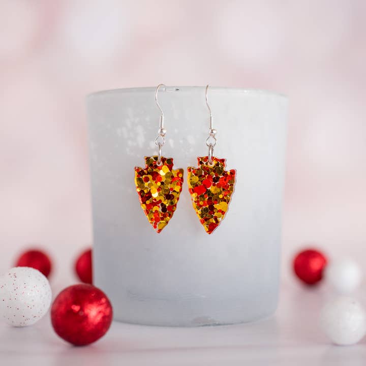 Stellar Gifts & Goods Wholesale - Wholesale Dangle Earrings - Petite Red & Gold Confetti Arrowhead Dangles KC Football
