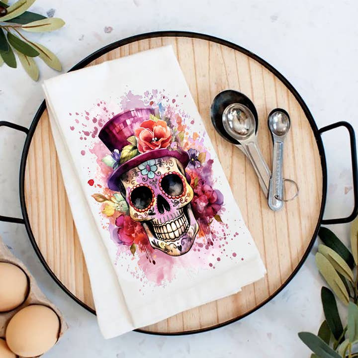 Avery Lane Gifts - Wholesale Tea Towel - Day of the Dead Sugar Skull Top Hat Tea Towel