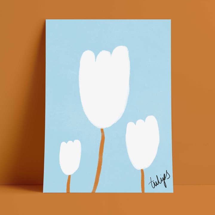Tulips Print - Blue, White Fine Art Print for wholesale by Orla and the Gang